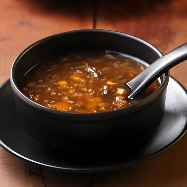 A black bowl of Indian hot and sour soup with a spoon, on a wooden table.