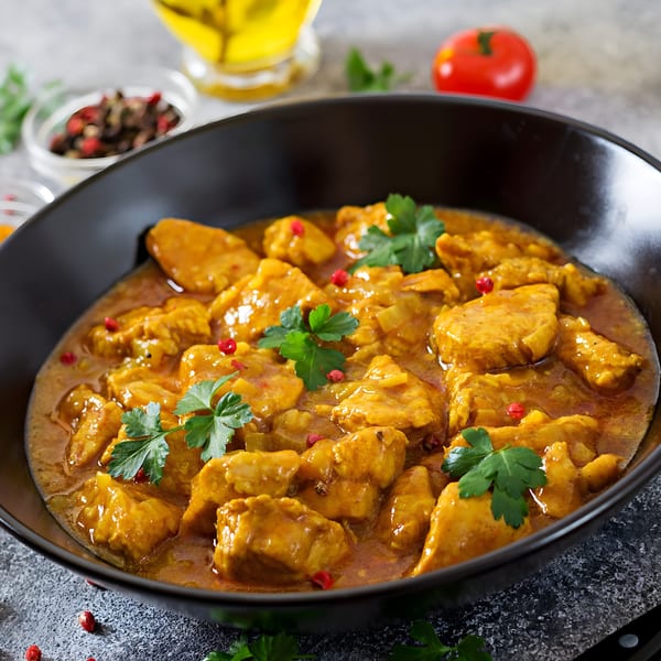 A black bowl filled with Charminar Indian Grill & Bar's chicken curry, garnished with parsley and red peppercorns.